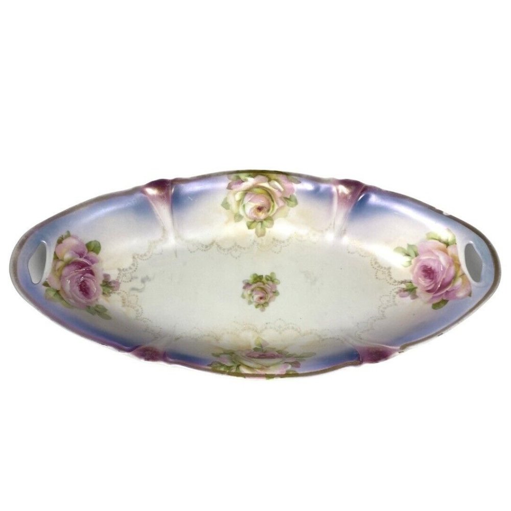 Vtg Signed Nuremburg Jon Roth Bavaria Oblong Serving Dish Cabbage Rose Painted